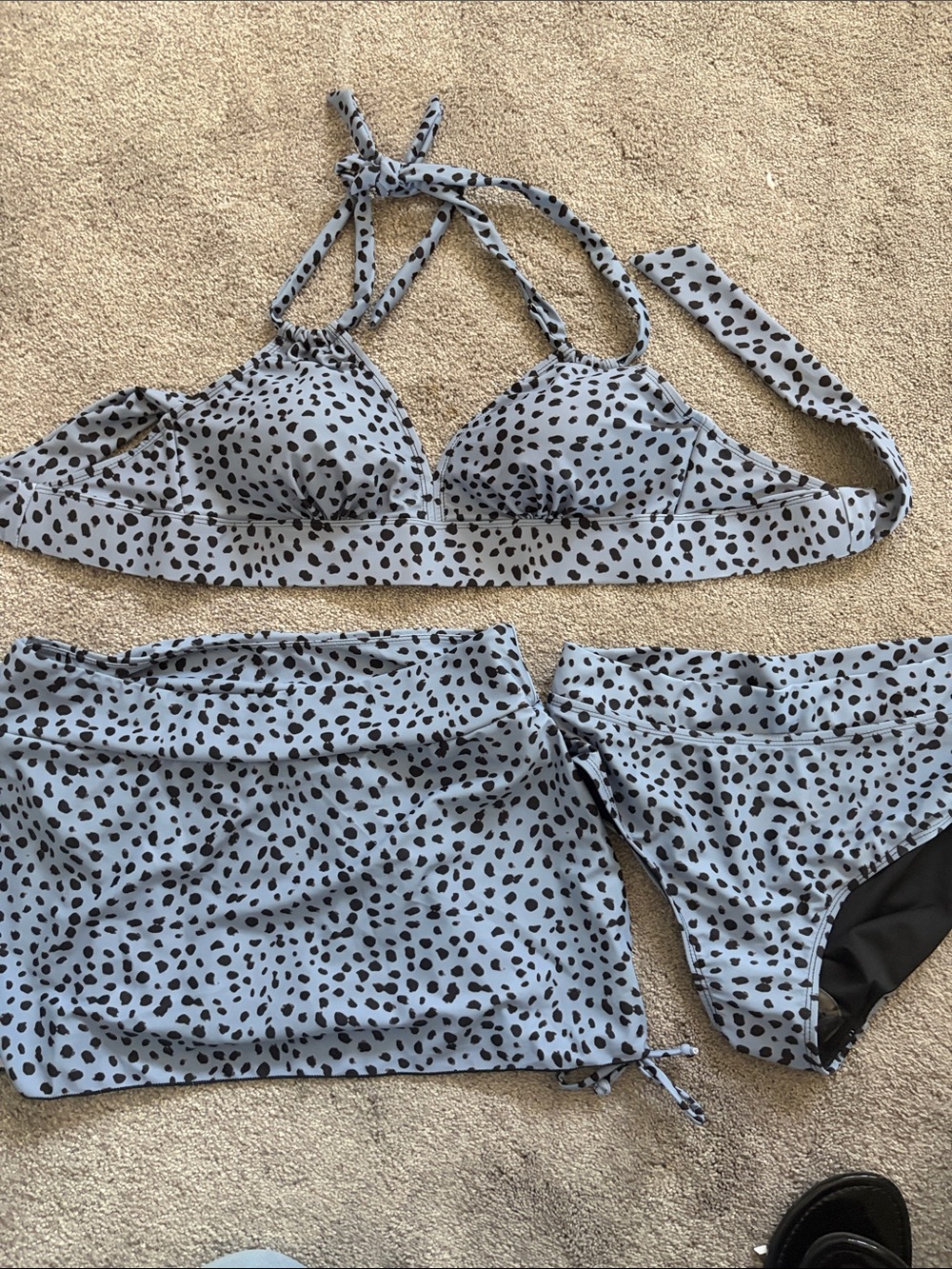 Light Blue Dalmatian Spot Three-Piece Swim Set - Bikini Top, Skirt & Brief